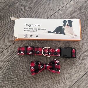 Plaid Red and Black Small Dog Collar and Bow Tie Set Christmas themed